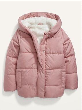 Old Navy Girls' Dusty Pink Puffer Jacket with Sherpa Hood